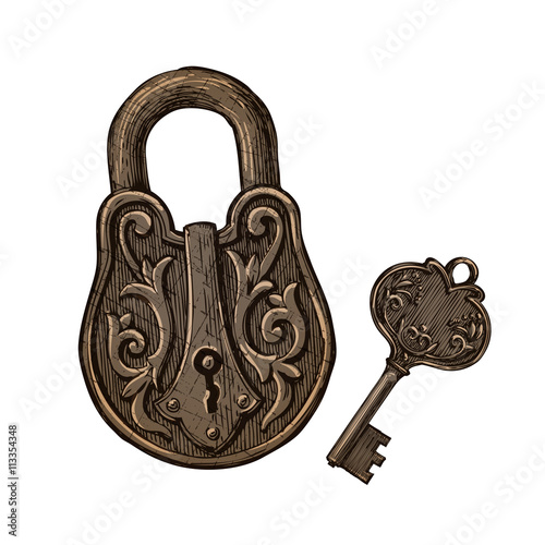 vintage padlock and key. secret or mystery. vector illustration