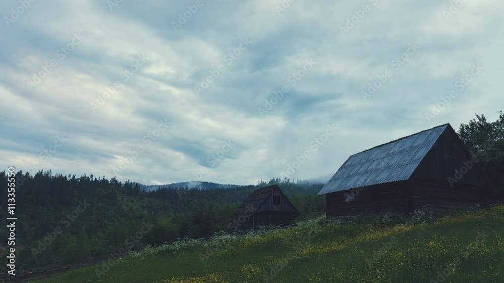 Timelapse: Old House, movement of cloud in Mountains at dusk time Timelapse: Old House, movement of cloud in Mountains at dusk time