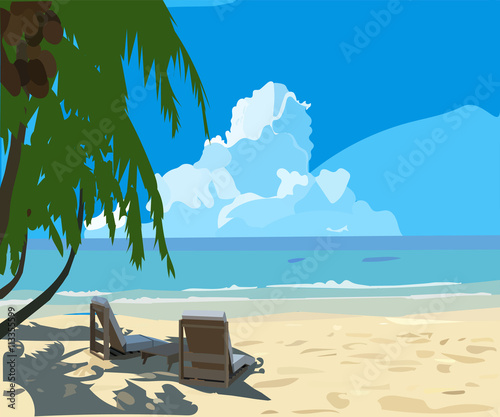 Tropical beach, lounge chair, vector background