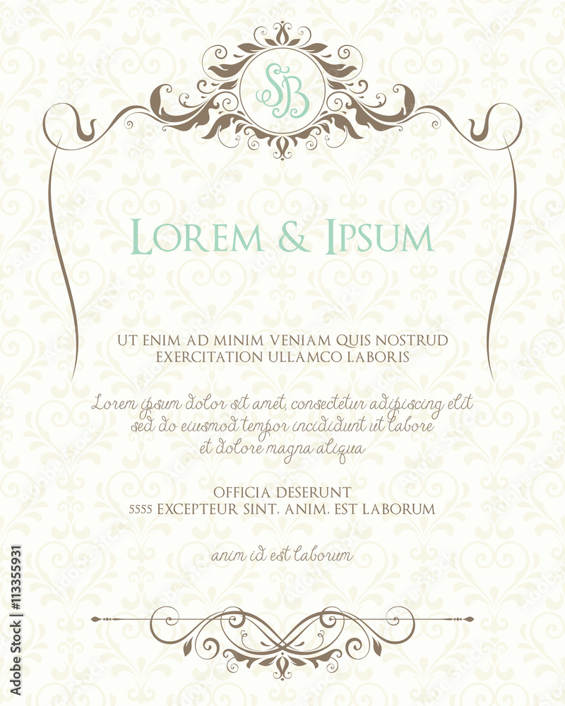 Ornate page design with decorative floral frame and monogram. Use for wedding invitations, greeting cards, invitations, menus, covers, posters, brochures and flyers. Ornate page design with decorative floral frame and monogram. Use for wedding invitations, greeting cards, invitations, menus, covers, posters, brochures and flyers.