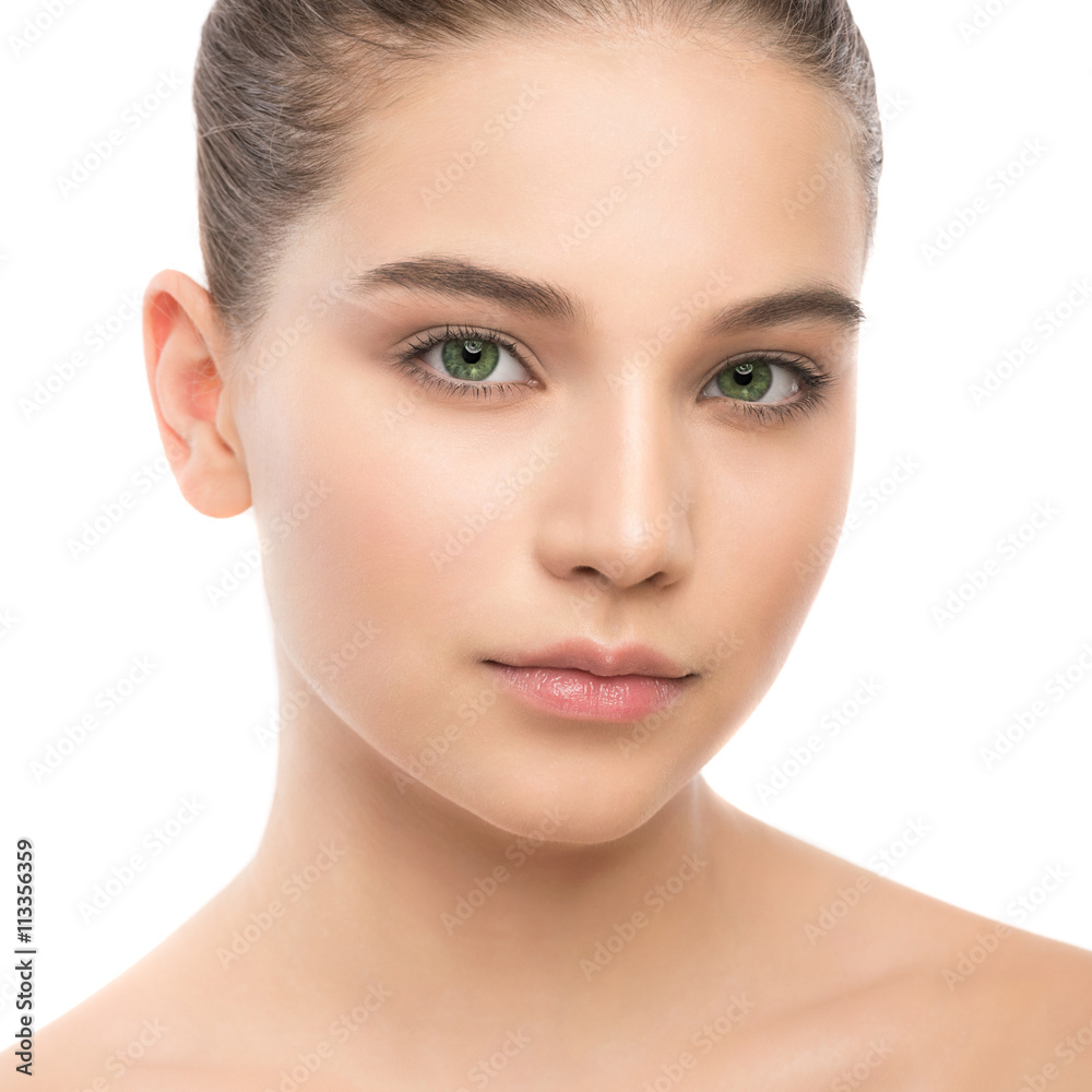 Portrait of beautiful young brunette woman with clean face. Beauty spa model girl with perfect fresh clean skin. Looking at camera and smiling. Youth and skin care concept. Isolated on a white Portrait of beautiful young brunette woman with clean face. Beauty spa model girl with perfect fresh clean skin. Looking at camera and smiling. Youth and skin care concept. Isolated on a white