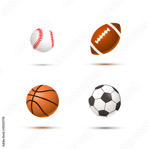 Set of realistic sport balls for soccer  basketball  baseball and rugby on white
