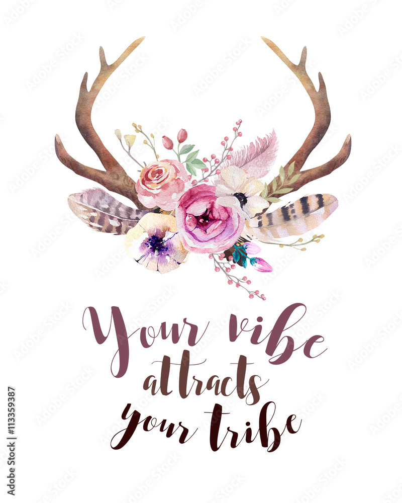 Obraz premium Watercolor floral boho antler print. western bohemian decoratio