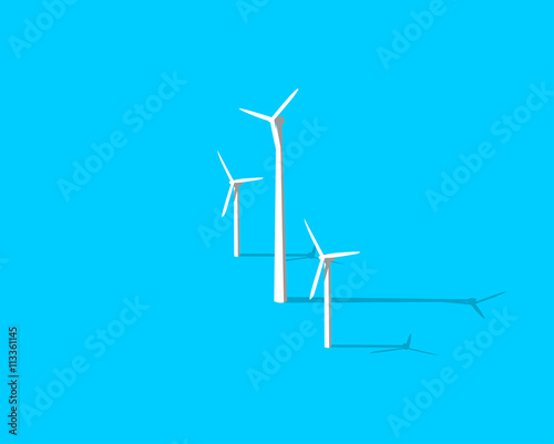 Ecology environmental theme. Vector windmill icon with long shadow isolated on blue background. Modern 3D alternative eco energy icon. Wind farm illustration. EPS 10 vector file © Oleksii Plotnytskyi