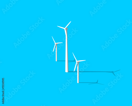 Ecology environmental theme. Vector windmill icon with long shadow isolated on blue background. Modern 3D alternative eco energy icon. Wind farm illustration. EPS 10 vector file