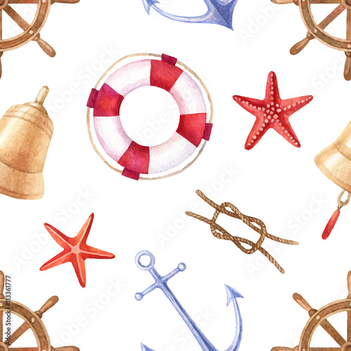 Nautical watercolor summer seamless pattern