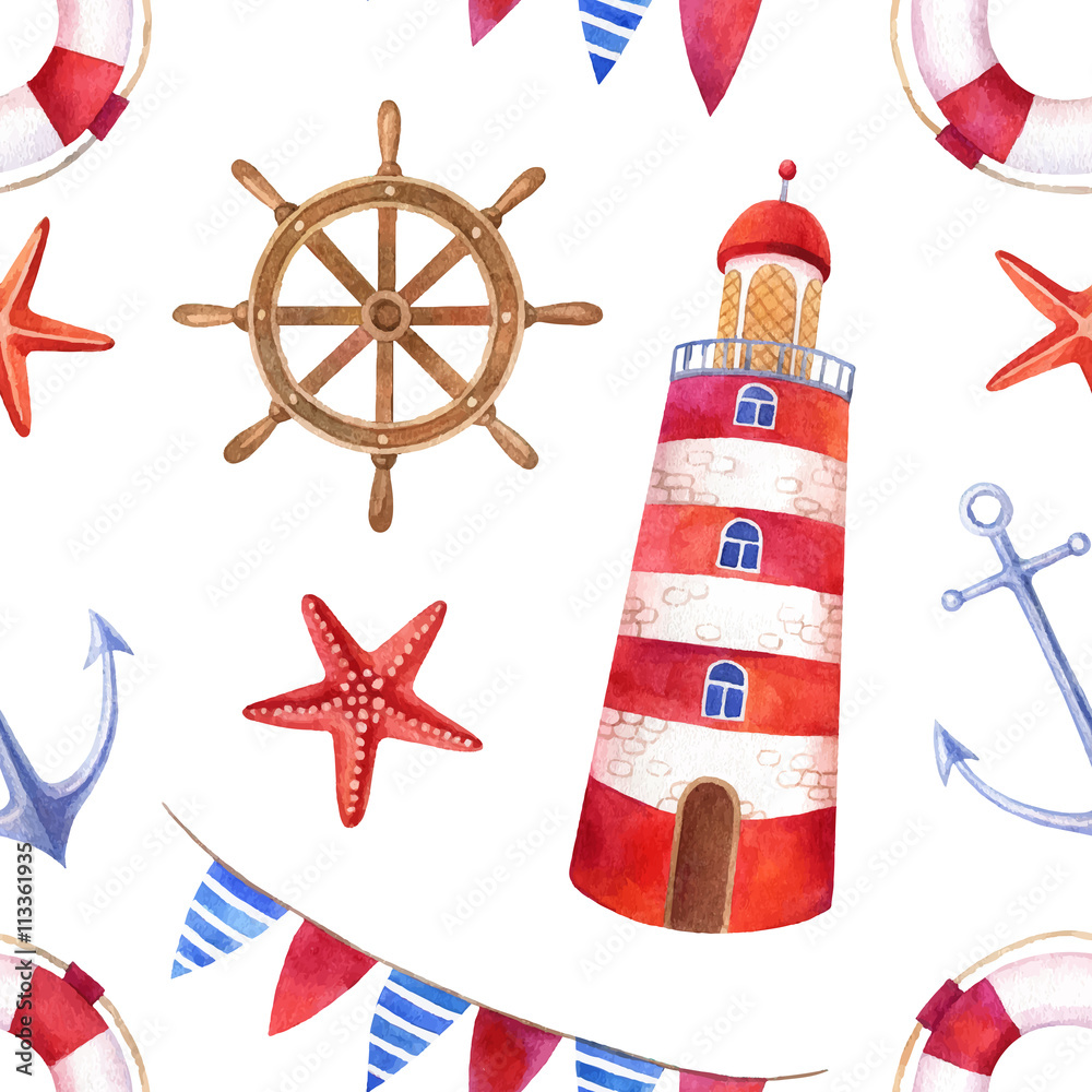 Fototapeta premium Nautical watercolor seamless pattern with a lighthouse