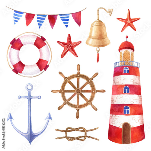 Nautical summer watercolor illustrations set