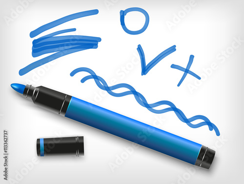 blue marker pen, check sign, plus, line.Vector highlighter illustration
