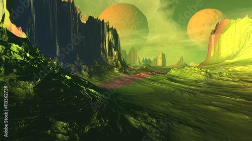 Fantasy alien planet. Rocks and sky. 3D illustration