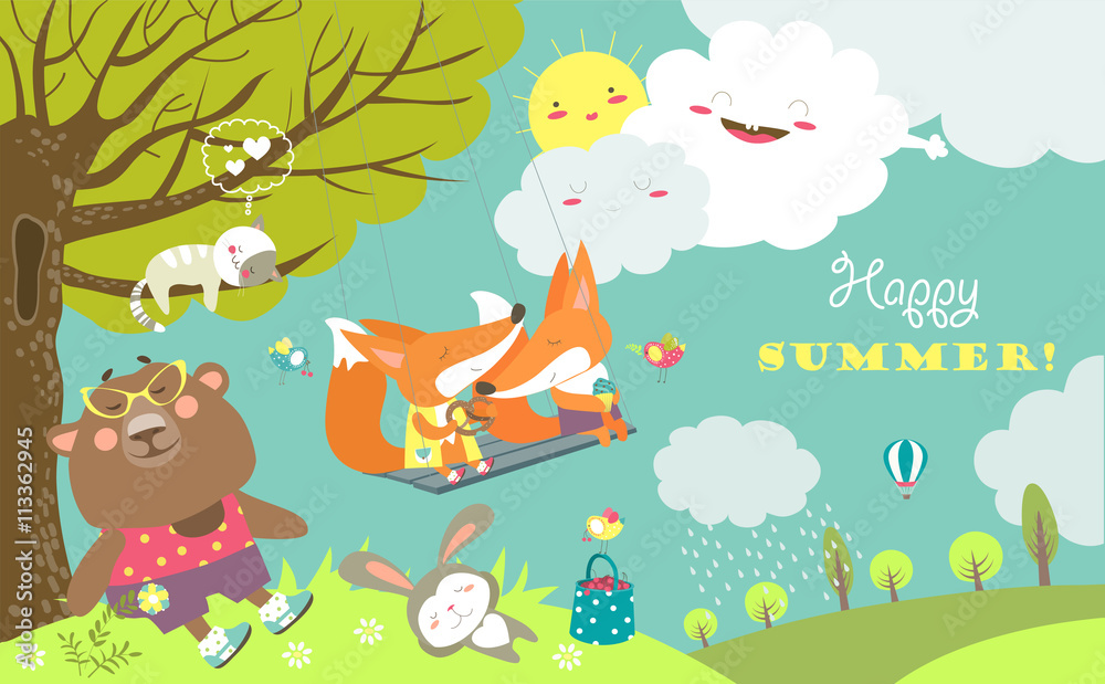 Set of cartoon characters and summer elements