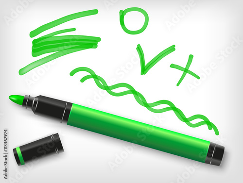 green marker pen, check sign, plus, line.Vector highlighter illustration
