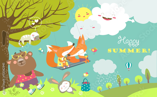 Set of cartoon characters and summer elements