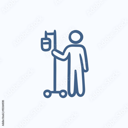 Patient with intravenous dropper sketch icon.