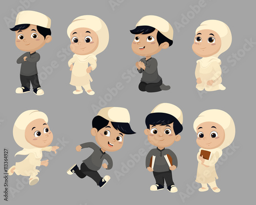 Set of kid muslim people doing activities.vector and illustratio