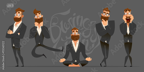 Business man characters. Businessman in black suits. Expressions and emotions