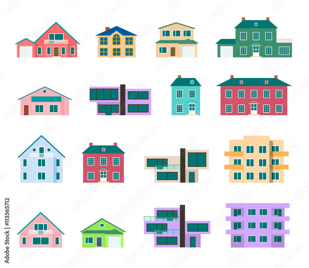 Cool colorful detailed houses icons set