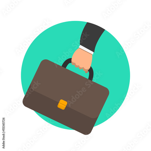 Business concept. Businessman hand holding briefcase with corporate company documents. Portfolio colored circle icon. Flat design vector illustration for website and promotion banners