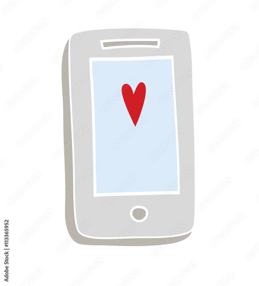 Mobile phone with heart on screen, hand drawn cartoon Mobile phone with heart on screen, hand drawn cartoon
