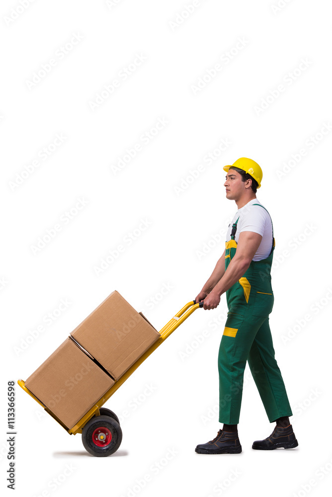 Man moving boxes isolated on the white background Man moving boxes isolated on the white background