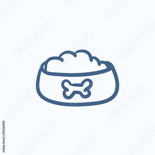 Dog bowl with food sketch icon.