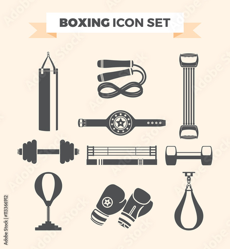 Set of boxing equipment vector monochrome design elements isolated on beige background. Vector Illustration