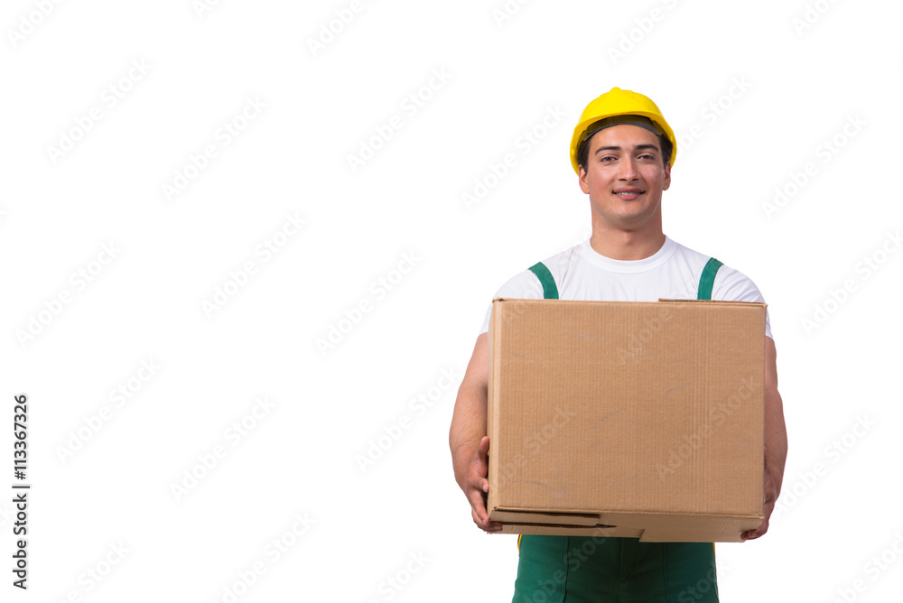 Man moving boxes isolated on the white background Man moving boxes isolated on the white background