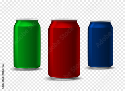 set of isolated beverage cans. White red blue vector aluminium soda cola cans. 
