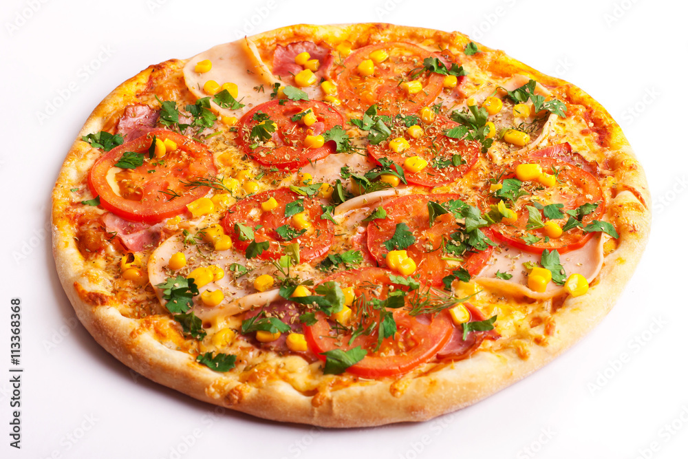 Pizza with ham, tomatoes and corn isolated on white Pizza with ham, tomatoes and corn isolated on white