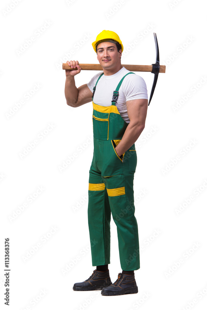 Man in green coveralls with axe isolated on white Man in green coveralls with axe isolated on white