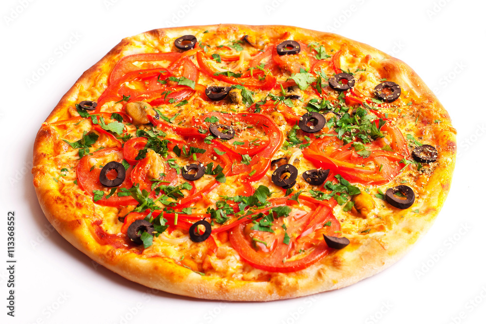Pizza with olives, tomatoes and peperoni isolated on white