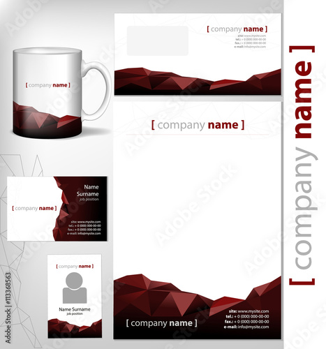 corporate identity template document page, business card, realistic cup, leaflet. Vector illustration paper head abstract rocky dark design
