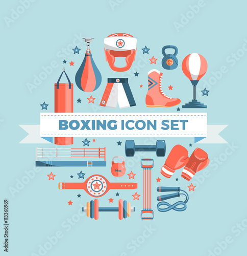 Set of boxing equipment vector colorful design elements isolated on blue background. Vector Illustration