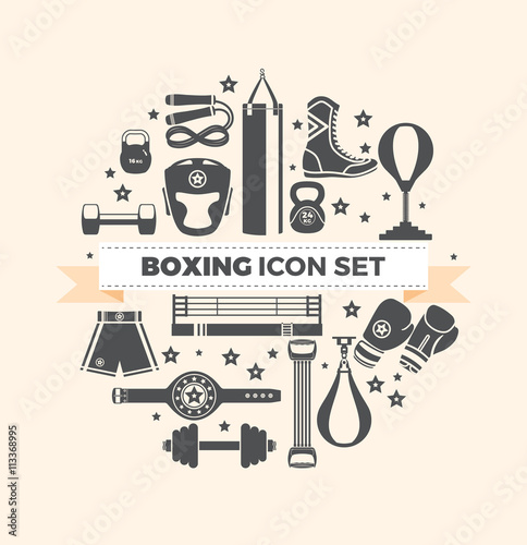 Set of boxing equipment vector monochrome design elements isolated on beige background. Vector Illustration