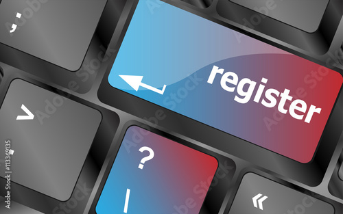 The word Register on a green computer keyboard key to illustrate e-commerce or signing up entering to join a new website, store, or attend an event