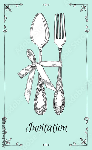 Hand drawn vector illustration of curly ornamental silver tableware, cutlery on mint background. Vector Illustration