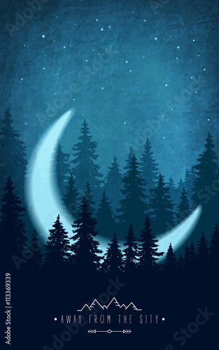 Silhouette of forest at night sky. Woodland scenery with crescent