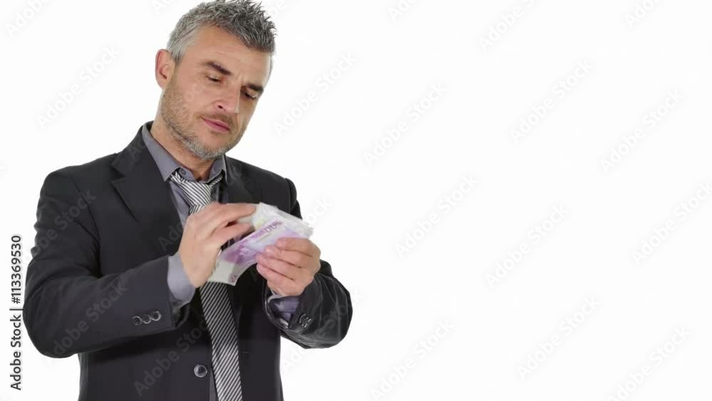 satisfied businessman holding counting money on white background satisfied businessman holding counting money on white background