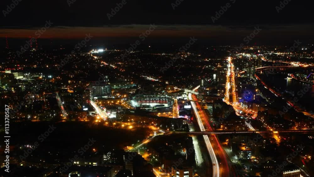 An Aerial timelapse view of the Boston Skyline at sunset
