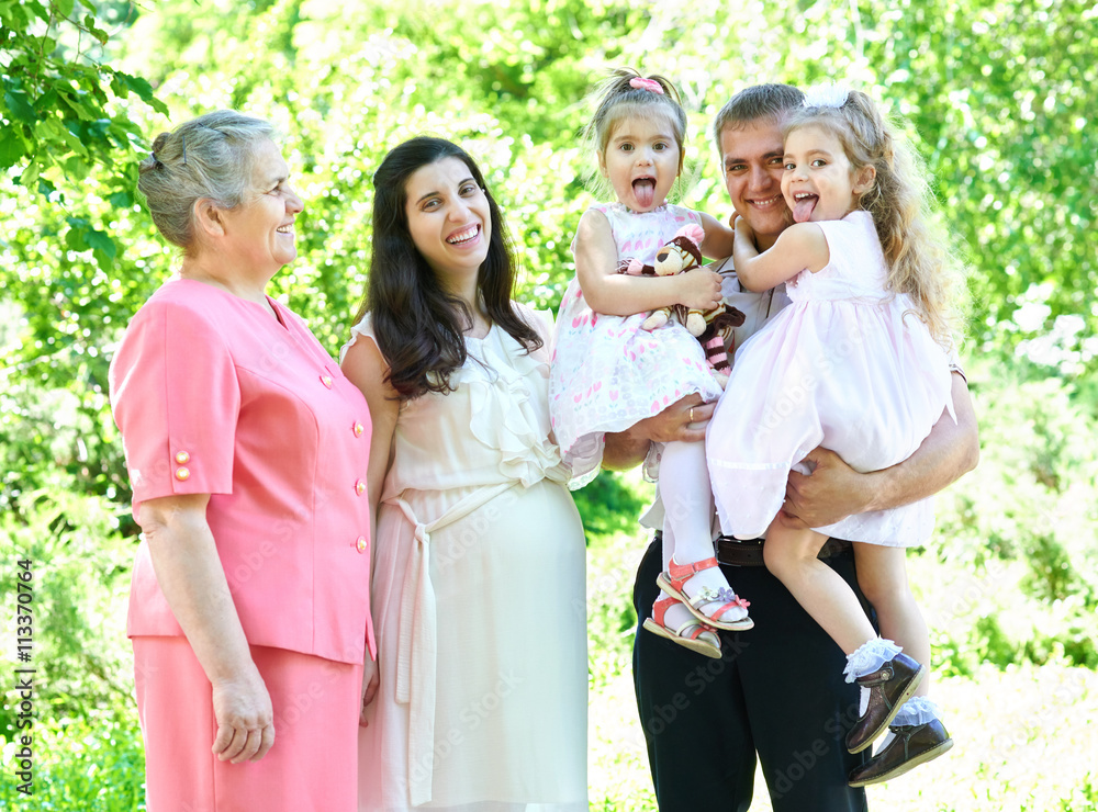 many generations family and pregnant woman in city park, summer season, green grass and trees many generations family and pregnant woman in city park, summer season, green grass and trees