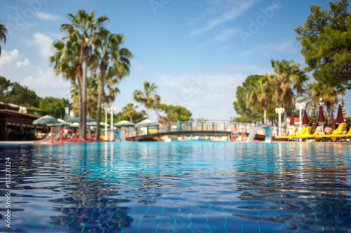 photo swimming pool  with a background of palm trees and a blue sky with a focus on water