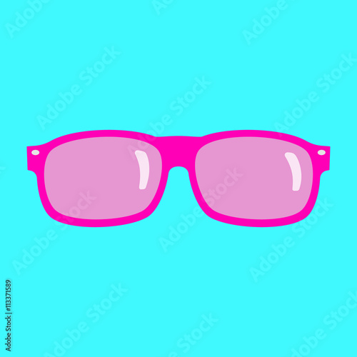 Pink sunglasses on blue background. Flat icon.