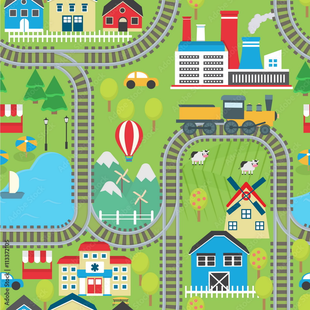 Lovely city landscape train track seamless pattern for play mats, rugs ...