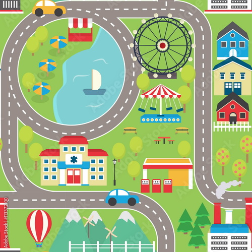 Lovely city landscape car track seamless pattern for play mats, rugs and decoration. Sunny city landscape with mountains, farm, factory, buildings, plants and endless car road.