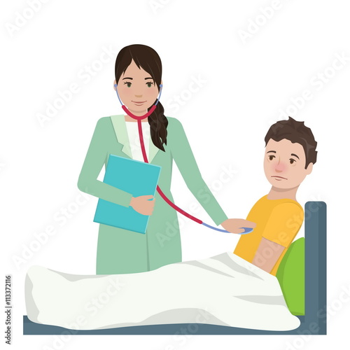 Illustration of a young lady doctor visiting and examining a patient who probably caught cold and had fever and cough with a help of stethoscope, making notes and preparing diagnosis.