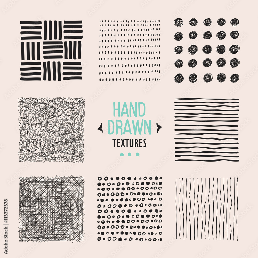 Set of hand drawn textures and patterns. Vector design elements.