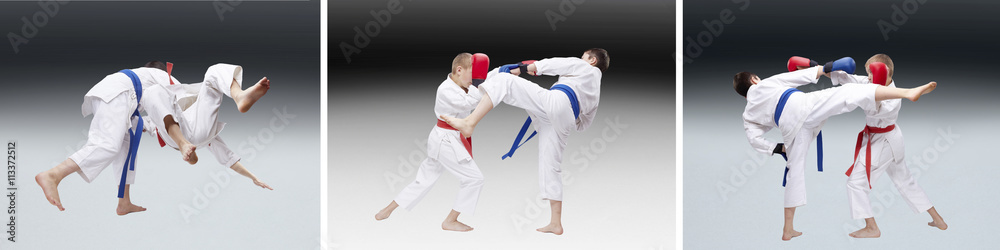 Boys in karategi are beating blows and training throws collage Boys in karategi are beating blows and training throws collage