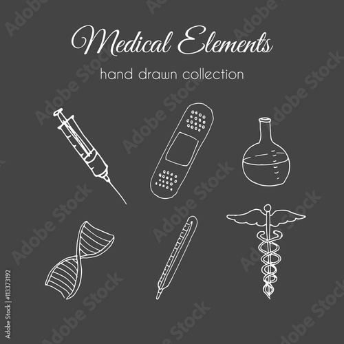 Hand drawn medical illustration. Doodle healthcare set. Cartoon medicite elements. Sketch ililustration of pills and drugs. photo