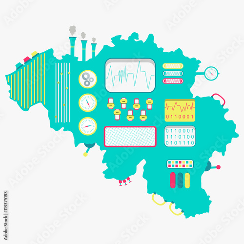 Map of Belgium like a cute machine with buttons, panels and levers. Isolated. White background.