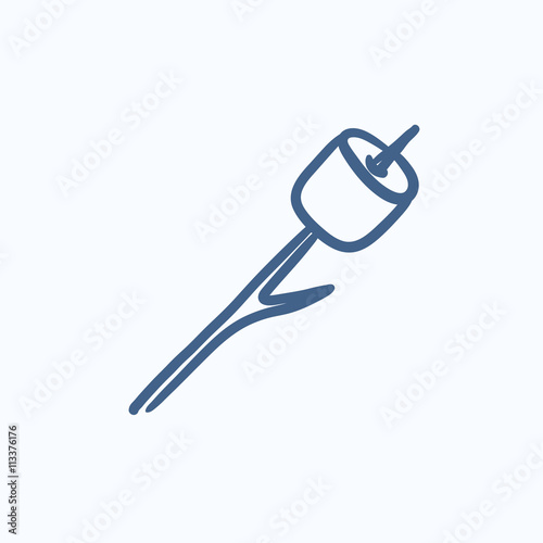 Marshmallow roasted on wooden stick sketch icon.